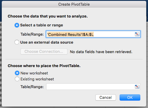Excel's pop-up modal for creating a pivot table.