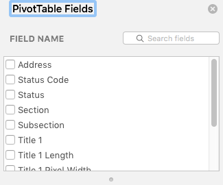 Pivot Table Fields modal for selecting which data fields should appear in the table.