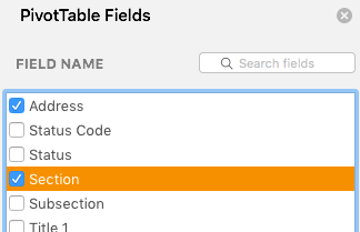 Pivot Table Fields modal with both Address and Section selected.